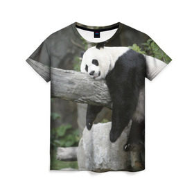Женская футболка 3D с принтом Большая уставшая панда в Курске, 100% полиэфир ( синтетическое хлопкоподобное полотно) | прямой крой, круглый вырез горловины, длина до линии бедер | бамбук | животное | медведь