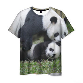 Мужская футболка 3D с принтом Мамочка и сыночек панды в Курске, 100% полиэфир | прямой крой, круглый вырез горловины, длина до линии бедер | Тематика изображения на принте: бамбук | животное | медведь