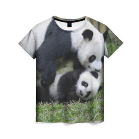 Женская футболка 3D с принтом Мамочка и сыночек панды в Курске, 100% полиэфир ( синтетическое хлопкоподобное полотно) | прямой крой, круглый вырез горловины, длина до линии бедер | бамбук | животное | медведь