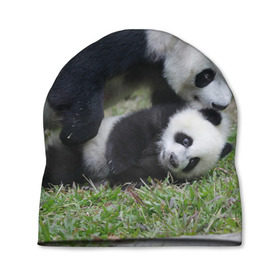 Шапка 3D с принтом Мамочка и сыночек панды в Курске, 100% полиэстер | универсальный размер, печать по всей поверхности изделия | Тематика изображения на принте: бамбук | животное | медведь