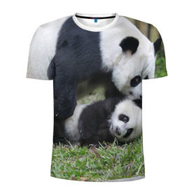 Мужская футболка 3D спортивная с принтом Мамочка и сыночек панды в Курске, 100% полиэстер с улучшенными характеристиками | приталенный силуэт, круглая горловина, широкие плечи, сужается к линии бедра | бамбук | животное | медведь