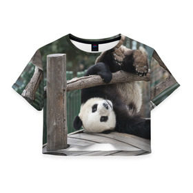 Женская футболка 3D укороченная с принтом Паркур панда в Курске, 100% полиэстер | круглая горловина, длина футболки до линии талии, рукава с отворотами | бамбук | животное | медведь