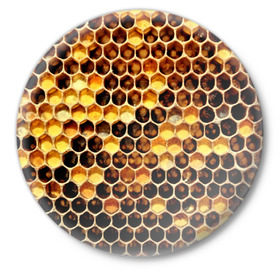 Значок с принтом Соты в Курске,  металл | круглая форма, металлическая застежка в виде булавки | желтый | мед | улей | черный