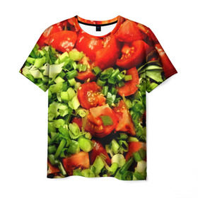 Мужская футболка 3D с принтом Салатик в Курске, 100% полиэфир | прямой крой, круглый вырез горловины, длина до линии бедер | Тематика изображения на принте: зеленый | красный | нарезка | овощи | яркий