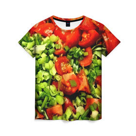 Женская футболка 3D с принтом Салатик в Курске, 100% полиэфир ( синтетическое хлопкоподобное полотно) | прямой крой, круглый вырез горловины, длина до линии бедер | зеленый | красный | нарезка | овощи | яркий