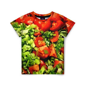 Детская футболка 3D с принтом Салатик в Курске, 100% гипоаллергенный полиэфир | прямой крой, круглый вырез горловины, длина до линии бедер, чуть спущенное плечо, ткань немного тянется | зеленый | красный | нарезка | овощи | яркий