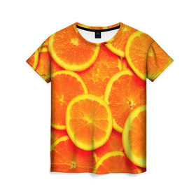 Женская футболка 3D с принтом Сочные апельсины в Курске, 100% полиэфир ( синтетическое хлопкоподобное полотно) | прямой крой, круглый вырез горловины, длина до линии бедер | апельсин | летние | сочные | цитрус | яркие