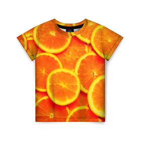 Детская футболка 3D с принтом Сочные апельсины в Курске, 100% гипоаллергенный полиэфир | прямой крой, круглый вырез горловины, длина до линии бедер, чуть спущенное плечо, ткань немного тянется | Тематика изображения на принте: апельсин | летние | сочные | цитрус | яркие