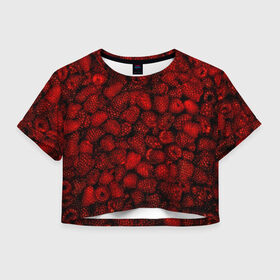 Женская футболка 3D укороченная с принтом Малинки в Курске, 100% полиэстер | круглая горловина, длина футболки до линии талии, рукава с отворотами | малиновый | паттерн | темный | ягоды