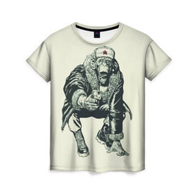 Женская футболка 3D с принтом Обезьяна с пистолетом в Курске, 100% полиэфир ( синтетическое хлопкоподобное полотно) | прямой крой, круглый вырез горловины, длина до линии бедер | звезда | пистолет | шапка | шимпанзе