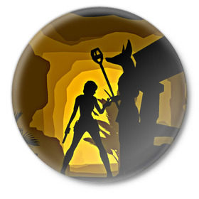 Значок с принтом Tomb Raider в Курске,  металл | круглая форма, металлическая застежка в виде булавки | Тематика изображения на принте: желтый | лара крофт | черный