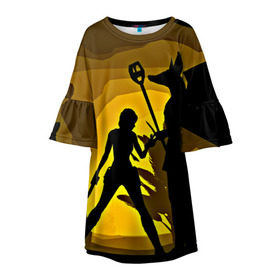 Детское платье 3D с принтом Tomb Raider в Курске, 100% полиэстер | прямой силуэт, чуть расширенный к низу. Круглая горловина, на рукавах — воланы | желтый | лара крофт | черный