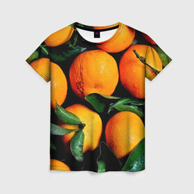 Женская футболка 3D с принтом Мандаринчики в Курске, 100% полиэфир ( синтетическое хлопкоподобное полотно) | прямой крой, круглый вырез горловины, длина до линии бедер | зелень | оранжевый | цитрус | яркий