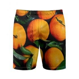 Мужские шорты 3D спортивные с принтом Мандаринчики в Курске,  |  | Тематика изображения на принте: зелень | оранжевый | цитрус | яркий