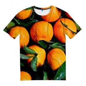 Мужская футболка 3D с принтом Мандаринчики в Курске, 100% полиэфир | прямой крой, круглый вырез горловины, длина до линии бедер | Тематика изображения на принте: зелень | оранжевый | цитрус | яркий