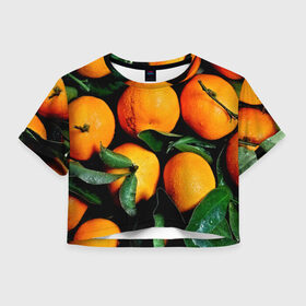 Женская футболка 3D укороченная с принтом Мандаринчики в Курске, 100% полиэстер | круглая горловина, длина футболки до линии талии, рукава с отворотами | зелень | оранжевый | цитрус | яркий