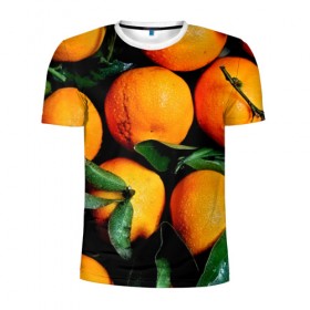 Мужская футболка 3D спортивная с принтом Мандаринчики в Курске, 100% полиэстер с улучшенными характеристиками | приталенный силуэт, круглая горловина, широкие плечи, сужается к линии бедра | Тематика изображения на принте: зелень | оранжевый | цитрус | яркий