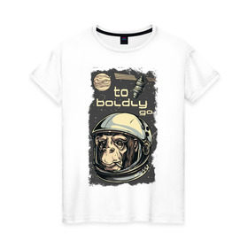 Женская футболка хлопок с принтом Обезьяна космонавт в Курске, 100% хлопок | прямой крой, круглый вырез горловины, длина до линии бедер, слегка спущенное плечо | космонавт | космос | обезьяна | шимпанзе