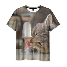 Мужская футболка 3D с принтом Кот пьющий воду из под крана в Курске, 100% полиэфир | прямой крой, круглый вырез горловины, длина до линии бедер | 
