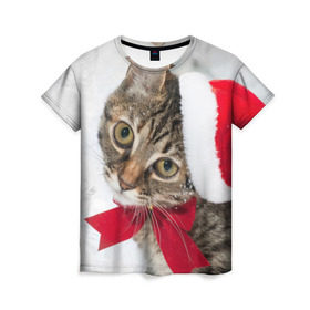Женская футболка 3D с принтом Новогодний кот в колпаке в Курске, 100% полиэфир ( синтетическое хлопкоподобное полотно) | прямой крой, круглый вырез горловины, длина до линии бедер | грустный | добрый | животное | киса | киска кися | кот | котенок | котэ | кошка | красивый | лапа | лапка | ласковый | милый | моська | мурлыка | прикольный | смешной | унылый | усатый | шерсть