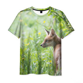 Мужская футболка 3D с принтом Лисенок в Курске, 100% полиэфир | прямой крой, круглый вырез горловины, длина до линии бедер | Тематика изображения на принте: fox | животное | зверь | красивая | лес | лис | лиса | лисенок | лисица | лисичка | природа | рыжая | рыжий цвет | хвост | хитрая | хищник