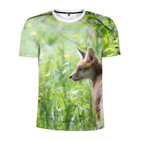 Мужская футболка 3D спортивная с принтом Лисенок в Курске, 100% полиэстер с улучшенными характеристиками | приталенный силуэт, круглая горловина, широкие плечи, сужается к линии бедра | fox | животное | зверь | красивая | лес | лис | лиса | лисенок | лисица | лисичка | природа | рыжая | рыжий цвет | хвост | хитрая | хищник