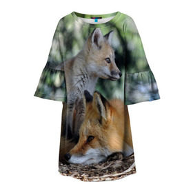 Детское платье 3D с принтом Лиса и лесенок в Курске, 100% полиэстер | прямой силуэт, чуть расширенный к низу. Круглая горловина, на рукавах — воланы | fox | животное | зверь | красивая | лес | лис | лиса | лисенок | лисица | лисичка | мех | патрикеевна | песец | плутовка | прикольная | природа | рыжая | рыжий цвет | сказка | хвост | хитрая | хищник