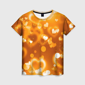 Женская футболка 3D с принтом Сердечки в золоте в Курске, 100% полиэфир ( синтетическое хлопкоподобное полотно) | прямой крой, круглый вырез горловины, длина до линии бедер | Тематика изображения на принте: желтый | золотое | сердечки | яркий