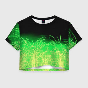 Женская футболка 3D укороченная с принтом Зеленые искры в Курске, 100% полиэстер | круглая горловина, длина футболки до линии талии, рукава с отворотами | 3d | абстракция | брызги | зеленый | искры | линии | полосы | прикольные | салют | свет | узоры | яркие