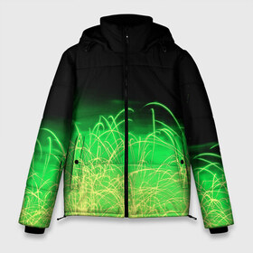 Мужская зимняя куртка 3D с принтом Зеленые искры в Курске, верх — 100% полиэстер; подкладка — 100% полиэстер; утеплитель — 100% полиэстер | длина ниже бедра, свободный силуэт Оверсайз. Есть воротник-стойка, отстегивающийся капюшон и ветрозащитная планка. 

Боковые карманы с листочкой на кнопках и внутренний карман на молнии. | 3d | абстракция | брызги | зеленый | искры | линии | полосы | прикольные | салют | свет | узоры | яркие