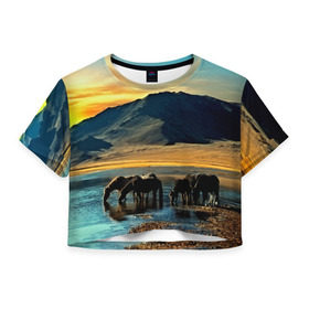 Женская футболка 3D укороченная с принтом Лошади в Курске, 100% полиэстер | круглая горловина, длина футболки до линии талии, рукава с отворотами | 3d | берег | вода | горы | животное | закат | лошади | небо | прикольные | природа | река | солнце | яркие