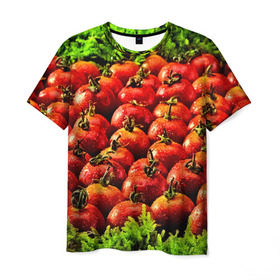 Мужская футболка 3D с принтом Томатик в Курске, 100% полиэфир | прямой крой, круглый вырез горловины, длина до линии бедер | Тематика изображения на принте: 3d | еда | зелень | красный | лето | много | овощи | пища | помидор | прикольные | томат | яркие