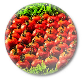 Значок с принтом Томатик в Курске,  металл | круглая форма, металлическая застежка в виде булавки | 3d | еда | зелень | красный | лето | много | овощи | пища | помидор | прикольные | томат | яркие