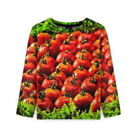 Детский лонгслив 3D с принтом Томатик в Курске, 100% полиэстер | длинные рукава, круглый вырез горловины, полуприлегающий силуэт
 | 3d | еда | зелень | красный | лето | много | овощи | пища | помидор | прикольные | томат | яркие
