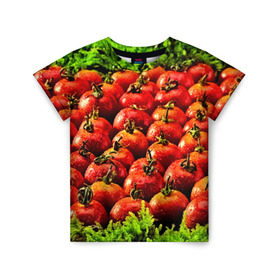 Детская футболка 3D с принтом Томатик в Курске, 100% гипоаллергенный полиэфир | прямой крой, круглый вырез горловины, длина до линии бедер, чуть спущенное плечо, ткань немного тянется | 3d | еда | зелень | красный | лето | много | овощи | пища | помидор | прикольные | томат | яркие