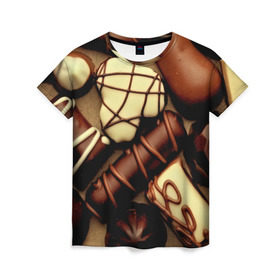 Женская футболка 3D с принтом Сладкие конфетки в Курске, 100% полиэфир ( синтетическое хлопкоподобное полотно) | прямой крой, круглый вырез горловины, длина до линии бедер | 3d | десерт | еда | конфеты | много | пища | разные | сладкое | темный | фигуры | фон | форма | шоколад | яркие