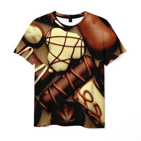 Мужская футболка 3D с принтом Сладкие конфетки в Курске, 100% полиэфир | прямой крой, круглый вырез горловины, длина до линии бедер | 3d | десерт | еда | конфеты | много | пища | разные | сладкое | темный | фигуры | фон | форма | шоколад | яркие