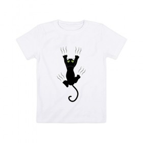 Детская футболка хлопок с принтом Кошка карабкается в Курске, 100% хлопок | круглый вырез горловины, полуприлегающий силуэт, длина до линии бедер | cat | арт | домашний питомец | когти | кот | кошка | прикольные | царапины