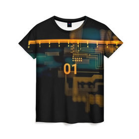 Женская футболка 3D с принтом hi-tech в Курске, 100% полиэфир ( синтетическое хлопкоподобное полотно) | прямой крой, круглый вырез горловины, длина до линии бедер | кибер | схема | темный | хай тек