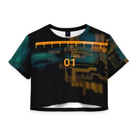 Женская футболка 3D укороченная с принтом hi-tech в Курске, 100% полиэстер | круглая горловина, длина футболки до линии талии, рукава с отворотами | кибер | схема | темный | хай тек