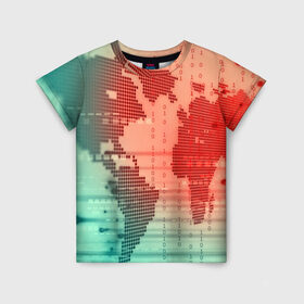 Детская футболка 3D с принтом Цифровой мир в Курске, 100% гипоаллергенный полиэфир | прямой крой, круглый вырез горловины, длина до линии бедер, чуть спущенное плечо, ткань немного тянется | зеленый | карта | кибер | красный