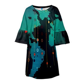 Детское платье 3D с принтом digital world в Курске, 100% полиэстер | прямой силуэт, чуть расширенный к низу. Круглая горловина, на рукавах — воланы | бирюзовый | карта | кибер | черный