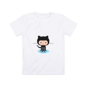 Детская футболка хлопок с принтом github cat в Курске, 100% хлопок | круглый вырез горловины, полуприлегающий силуэт, длина до линии бедер | cat | github