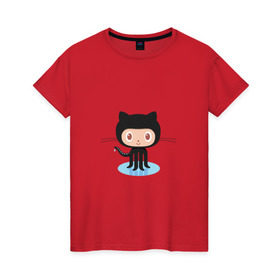 Женская футболка хлопок с принтом github cat в Курске, 100% хлопок | прямой крой, круглый вырез горловины, длина до линии бедер, слегка спущенное плечо | cat | github