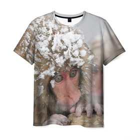 Мужская футболка 3D с принтом Обезьянка и зима в Курске, 100% полиэфир | прямой крой, круглый вырез горловины, длина до линии бедер | бабуин | гамадрил | гиббон | горилла | гуманоид | дарвин | животное | зоопарк | кинг конг | мартышка | маугли | обезьяна | орангутанг | предок | примат | рожа | хомо сапиенс | шимпанзе