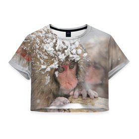 Женская футболка 3D укороченная с принтом Обезьянка и зима в Курске, 100% полиэстер | круглая горловина, длина футболки до линии талии, рукава с отворотами | бабуин | гамадрил | гиббон | горилла | гуманоид | дарвин | животное | зоопарк | кинг конг | мартышка | маугли | обезьяна | орангутанг | предок | примат | рожа | хомо сапиенс | шимпанзе
