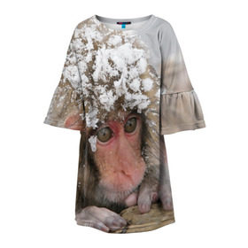Детское платье 3D с принтом Обезьянка и зима в Курске, 100% полиэстер | прямой силуэт, чуть расширенный к низу. Круглая горловина, на рукавах — воланы | Тематика изображения на принте: бабуин | гамадрил | гиббон | горилла | гуманоид | дарвин | животное | зоопарк | кинг конг | мартышка | маугли | обезьяна | орангутанг | предок | примат | рожа | хомо сапиенс | шимпанзе