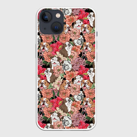 Чехол для iPhone 13 с принтом Dogs and flowers в Курске,  |  | Тематика изображения на принте: boxer | cute | dog | flower | flowers | love | lovely | summer | боксер | бульдог | летний | лето | пес | пионы | собака | собачка | цветочный | цветы