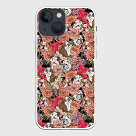 Чехол для iPhone 13 mini с принтом Dogs and flowers в Курске,  |  | boxer | cute | dog | flower | flowers | love | lovely | summer | боксер | бульдог | летний | лето | пес | пионы | собака | собачка | цветочный | цветы