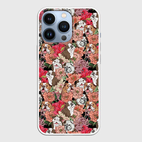 Чехол для iPhone 13 Pro с принтом Dogs and flowers в Курске,  |  | Тематика изображения на принте: boxer | cute | dog | flower | flowers | love | lovely | summer | боксер | бульдог | летний | лето | пес | пионы | собака | собачка | цветочный | цветы